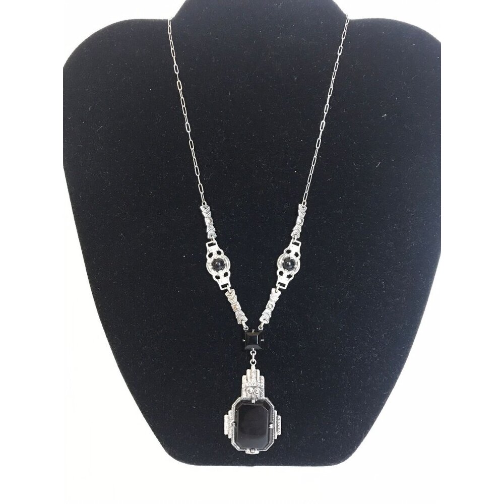 Vtg Black Tablet Y Necklace Sterling Silver & Round Prong Secured